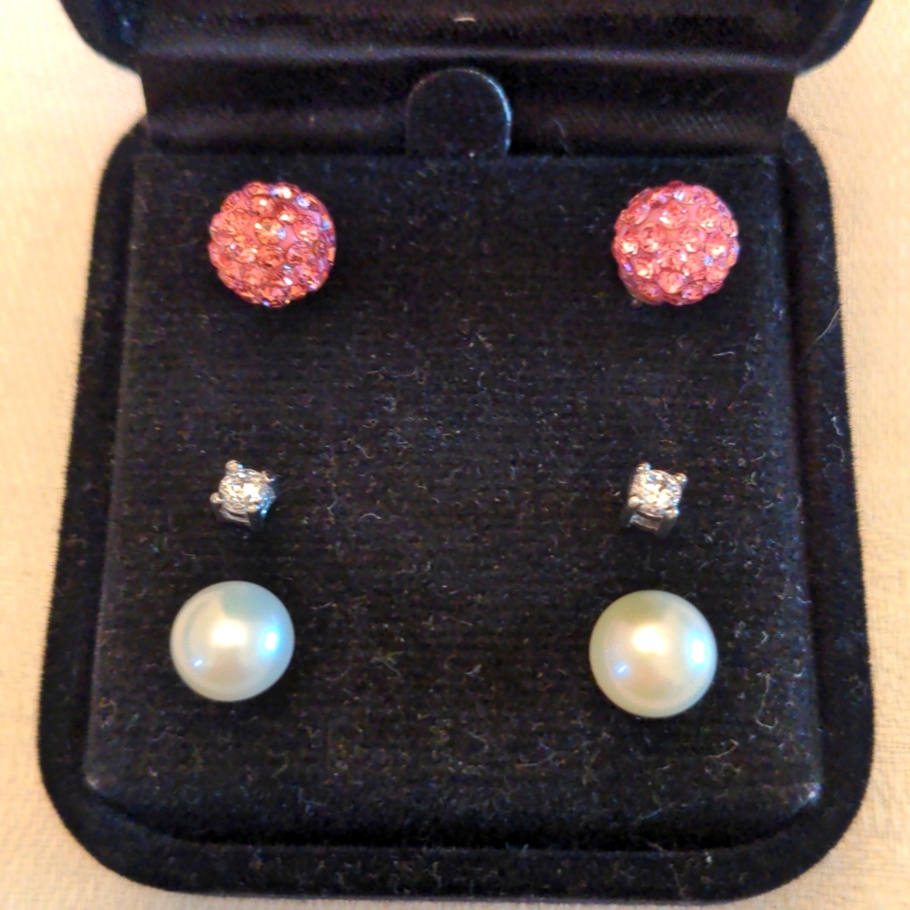 New Macy's genuine pearl, pink crystal ball & CZ earring set, Sterling Silver, 3